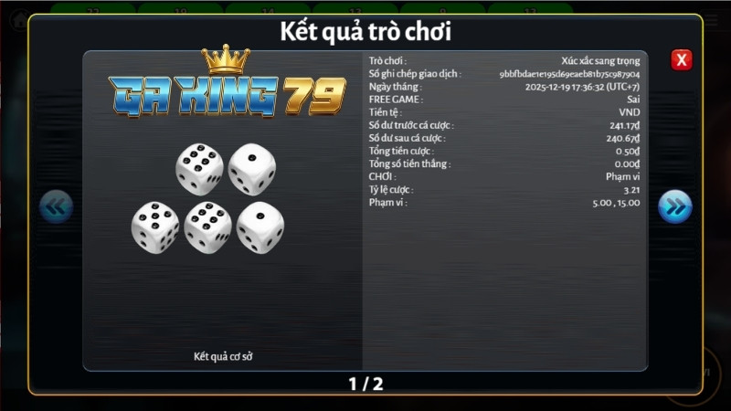  Bảng trả thưởng game Nổ Hũ Xúc Sắc tại GAKING79