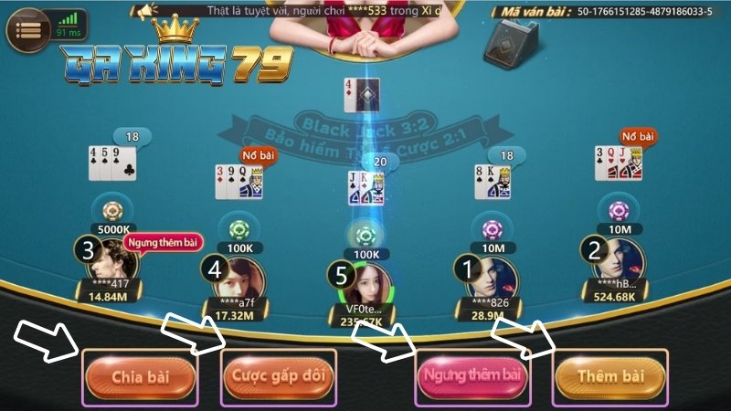 Các nút chức năng trong game Xì Dách Online GAKING79.