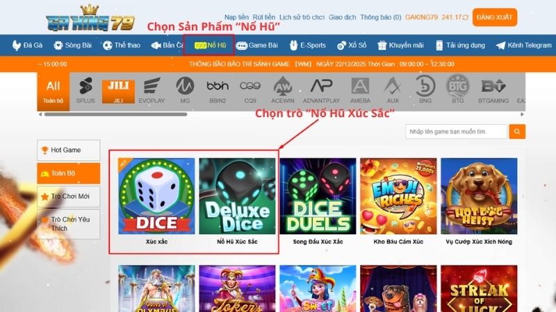 Chọn trò chơi Nổ Hũ Xúc Sắc
