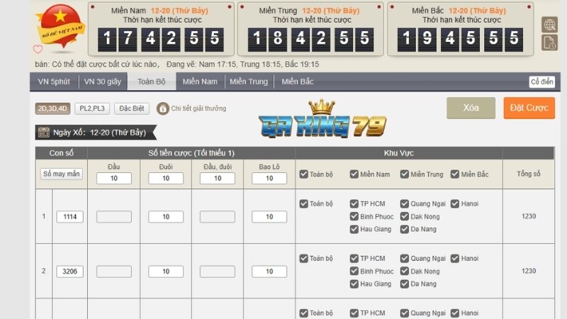Giao diện chọn đài quay thưởng 3 miền trực quan tại sảnh Số Đề Việt Nam GAKING79.