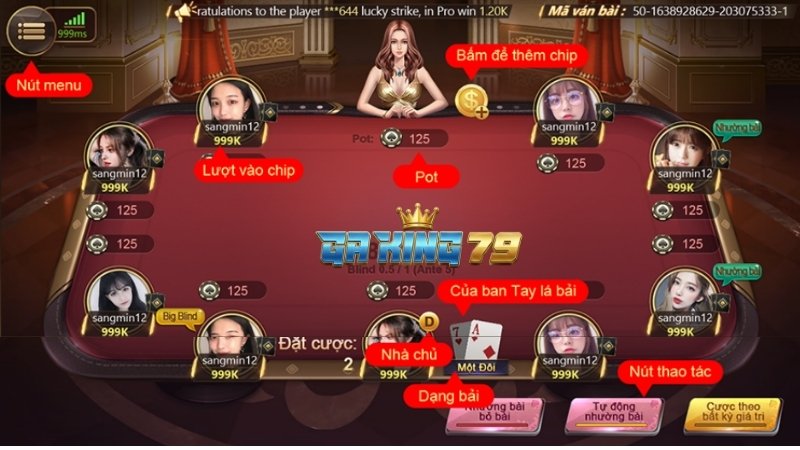 Giao diện Xì Tố Online tại GAKING79 được thiết kế trực quan, giúp người chơi dễ dàng thao tác.