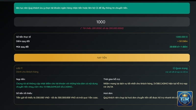 Hướng dẫn nhập số tiền nạp vào GAKING79