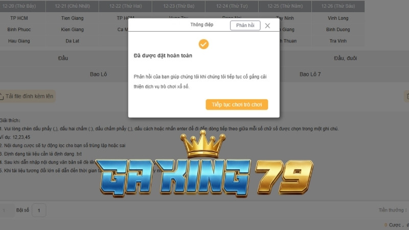 Thông báo đặt cược thành công