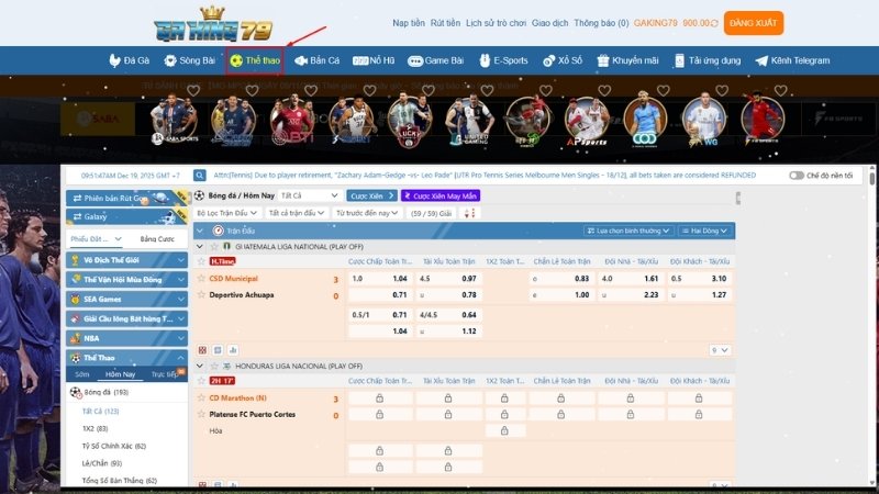 Vào mục Thể Thao chọn sảnh chơi