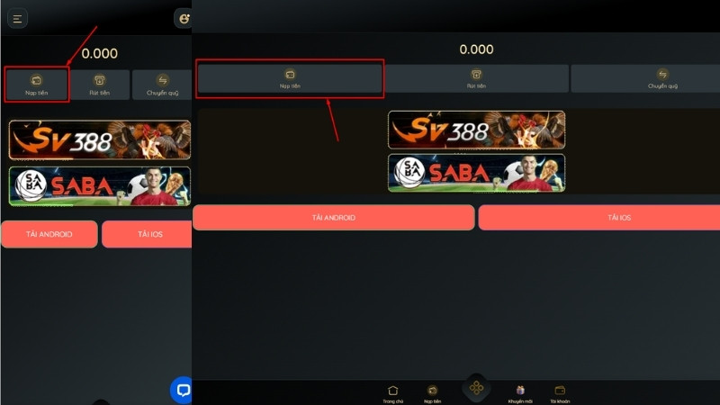 Vị trí nút Nạp tiền trên giao diện GAKING79