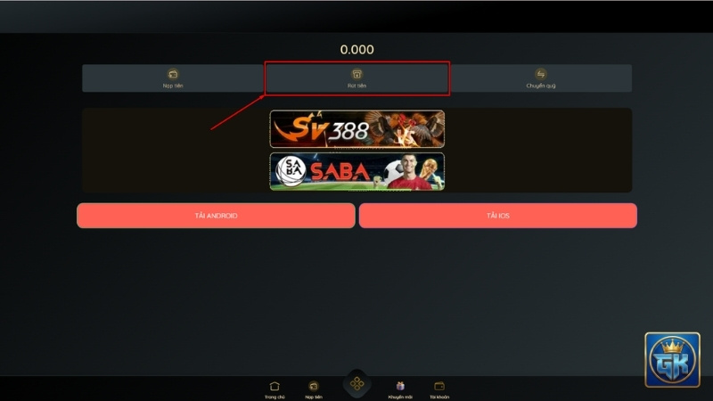  Vị trí nút rút tiền trên giao diện GAKING79